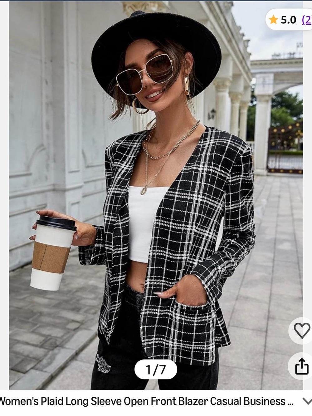 Black & White Plaid Open-Front Blazer